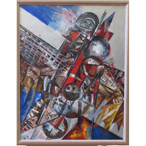 543 - MIKHAIL OMBYSH-KUZNETSOVABSTRACT OIL PAINTING ON CANVAS, depicting Yuri Gagarin, monogrammed  'O.K' ... 