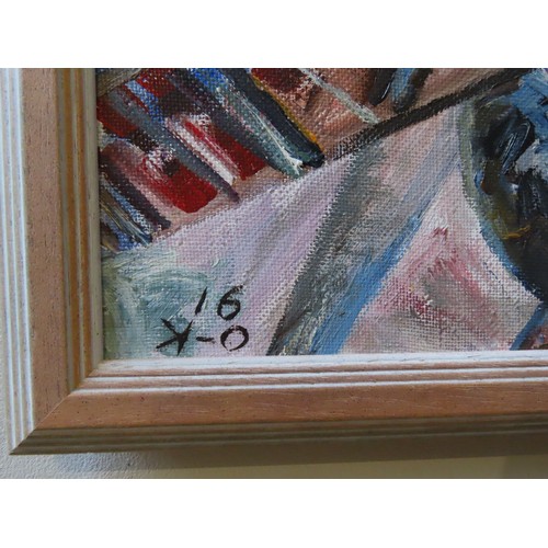 543 - MIKHAIL OMBYSH-KUZNETSOVABSTRACT OIL PAINTING ON CANVAS, depicting Yuri Gagarin, monogrammed  'O.K' ... 