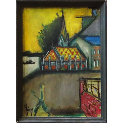 509 - F. MOZOROV (XX) 'ABSTRACT CHURCH' ACRYLIC/CANVAS, depicting a church in Vladivostock, possibly the S... 