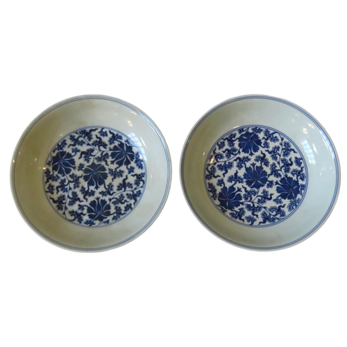 348 - A PAIR OF BLUE AND WHITE 'LOTUS' DISHES20TH CENTURYwith apocryphal Qianlong seal marks 19.5cm diam... 