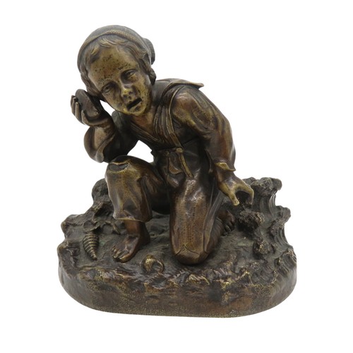 591 - A BRONZE FIGURE OF A KNEELING BOY, modelled in sailor's attire holding a conch to his ear, knelt on ... 