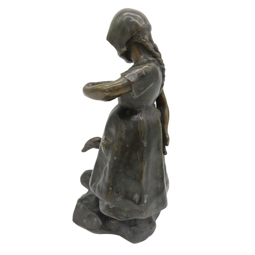 592 - A.J SCOTTE (1885-1905) BRONZE FIGURE OF DUTCH GIRL, modelled with a bowl of feed in one hand, her ot... 