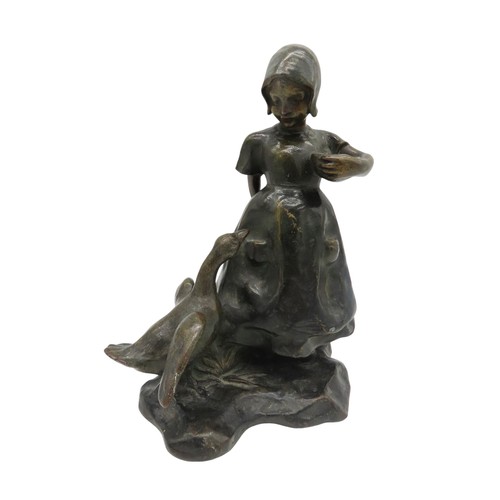 592 - A.J SCOTTE (1885-1905) BRONZE FIGURE OF DUTCH GIRL, modelled with a bowl of feed in one hand, her ot... 