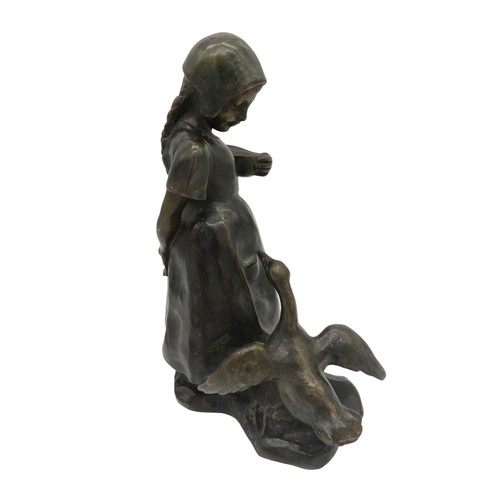 592 - A.J SCOTTE (1885-1905) BRONZE FIGURE OF DUTCH GIRL, modelled with a bowl of feed in one hand, her ot... 