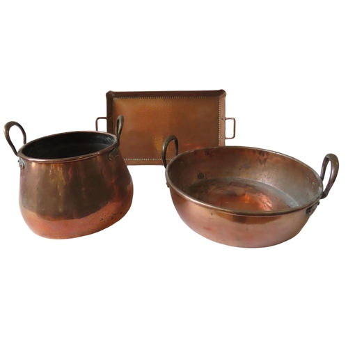 140 - VARIOUS COPPER WARES INCLUDING OLBURY STAMPED TRAY (the Olbury name possibly derived from Olney &... 