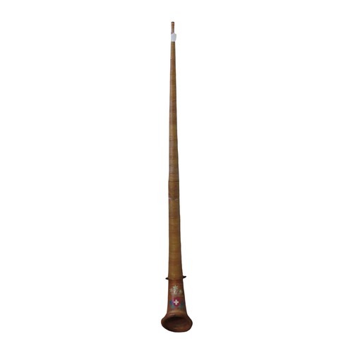 578 - A VINTAGE SWISS ALPINE HORN, by Joseph Blatter of Brunnen, in two sections, hand painted with the Sw... 