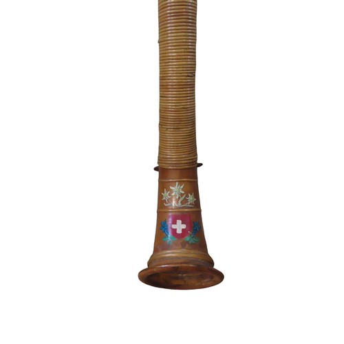 578 - A VINTAGE SWISS ALPINE HORN, by Joseph Blatter of Brunnen, in two sections, hand painted with the Sw... 