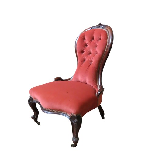 39 - A VICTORIAN MAHOGANY SPOON BACK CHAIR with upholstered button-back in dusky orange velvet with carve... 