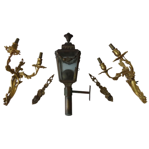 193 - A DECORATIVE FOUR-GLASS ELECTRIC PORCH LANTERN, two Louis XVI style gilt brass wall sconces and two ... 