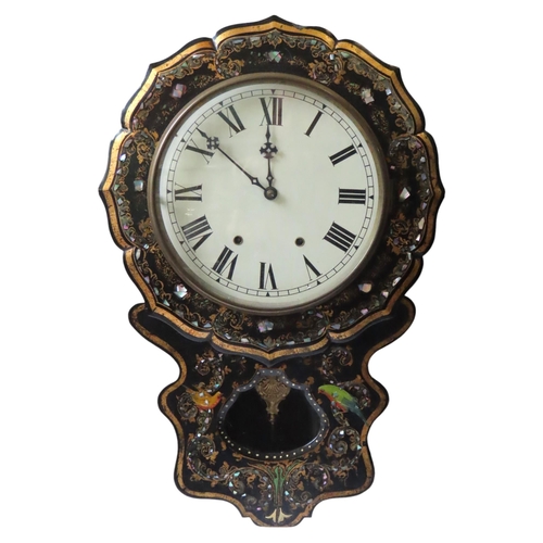 166 - AN ORNATE VICTORIAN PAPIER MACHE DROP-DIAL WALL CLOCK the ebonised case decorated with gilt, shell i... 