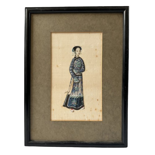 290 - A CHINESE HAND PAINTED PORTRAIT OF FEMALE ATTENDANT ON SILK PANEL, depicted standing in a dragon dec... 