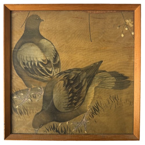 291 - A CHINESE ORNITHOLOGICAL PAINTING ON WATER SILK, depicting two pigeons25cm x 25cm