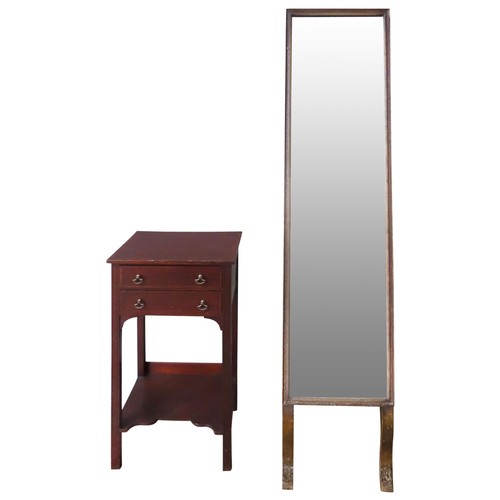 12 - AN EDWARDIAN MAHOGANY CROSS BANDED BEDSIDE TABLE AND A DRESSING MIRROR, the table with two frieze dr... 