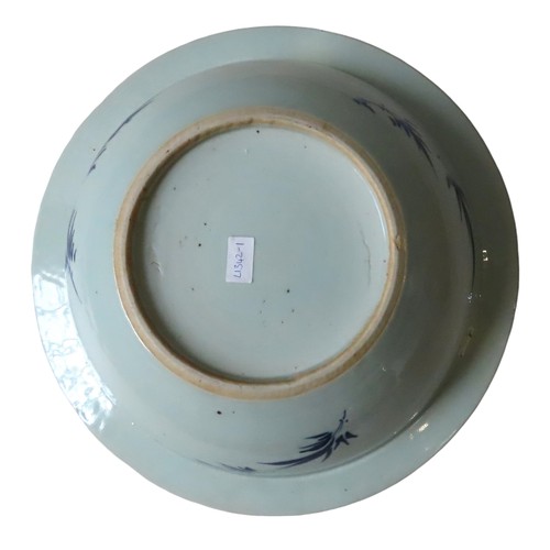 728 - A CHINESE BLUE AND WHITE BASIN. 19TH/20TH CENTURY, circular tapering form, the central roundel paint... 