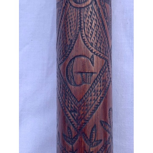 724 - A GOOD FOLK ART WALKING STICK DATED 1826 AND MARKED 'EGYPT' WITH A QUIRKY REPRESENTATION OF THE SPHI... 