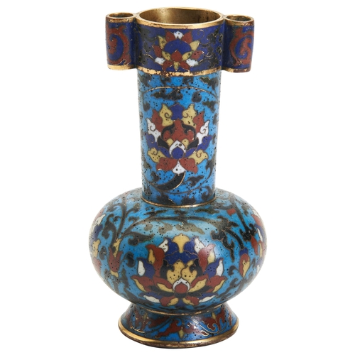 335 - A RARE CLOISONNÉ ARROW VASE, TOUHUINCISED JINGTAI FOUR CHARACTER MARK, MING OR LATER铜胎掐丝珐琅缠枝莲纹贯耳瓶 景泰... 