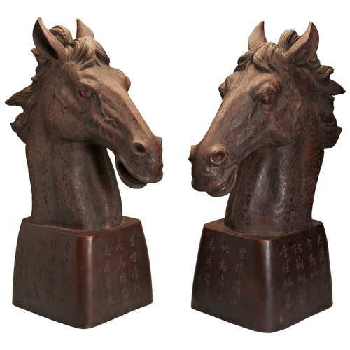 41 - A PAIR OF YIXING POTTERY HORSE HEADS INSCRIBED WITH CHINESE POEM20TH CENTURY铜马首一对 20世纪realistically ... 