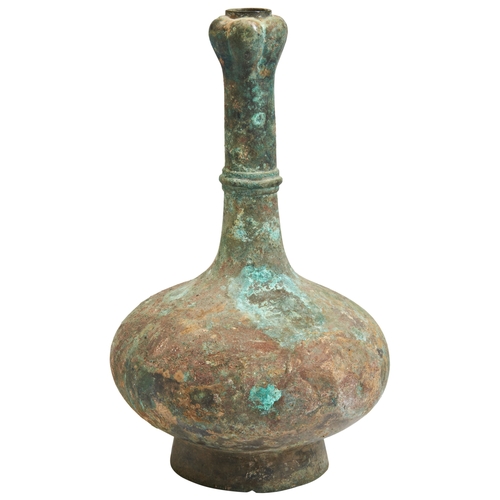 34 - A ARCHAIC BRONZE GARLIC-HEAD VASE, HUHAN DYNASTY青铜蒜头瓶 汉the tall neck with a 'garlic-bulb' rim and a ... 