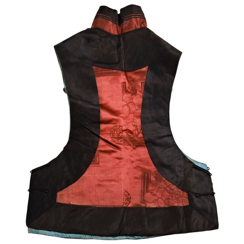 348 - A RED AND BLACK SILK BROCADE WAISTCOAT (JINSHEN)LATE QING DYNASTY刺绣马褂  晚清with a pale-blue silk linin... 