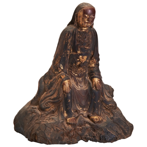 383 - A GILT LACQUERED WOOD FIGURE OF NORTH EMPEROR 'ZHEN WU', MING DYNASTY.16/17TH CENTURY 木雕真武像 16/17 世纪... 