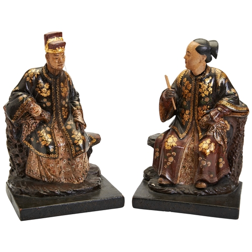 158 - A PAIR OF CHINESE EXPORT PAINTED CLAY NODDING-HEAD FIGURES OF A MANDARIN AND HIS WIFEQING DYNASTY, L... 