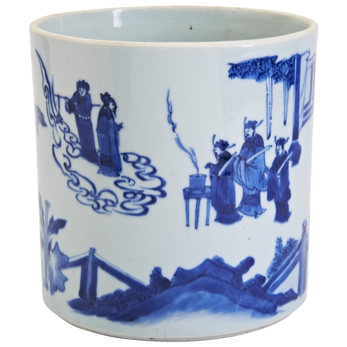 63 - A LARGE BLUE AND WHITE BRUSHPOTQING DYNASTY, 19TH / 20TH CENTURY青花神仙人物笔筒 清 19/20世纪the cylindrical si... 