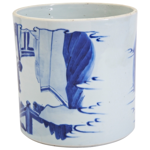 63 - A LARGE BLUE AND WHITE BRUSHPOTQING DYNASTY, 19TH / 20TH CENTURY青花神仙人物笔筒 清 19/20世纪the cylindrical si... 