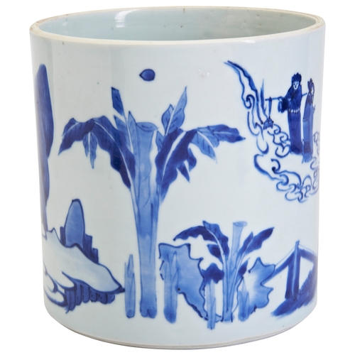 63 - A LARGE BLUE AND WHITE BRUSHPOTQING DYNASTY, 19TH / 20TH CENTURY青花神仙人物笔筒 清 19/20世纪the cylindrical si... 