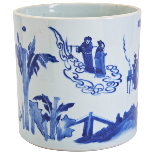 63 - A LARGE BLUE AND WHITE BRUSHPOTQING DYNASTY, 19TH / 20TH CENTURY青花神仙人物笔筒 清 19/20世纪the cylindrical si... 