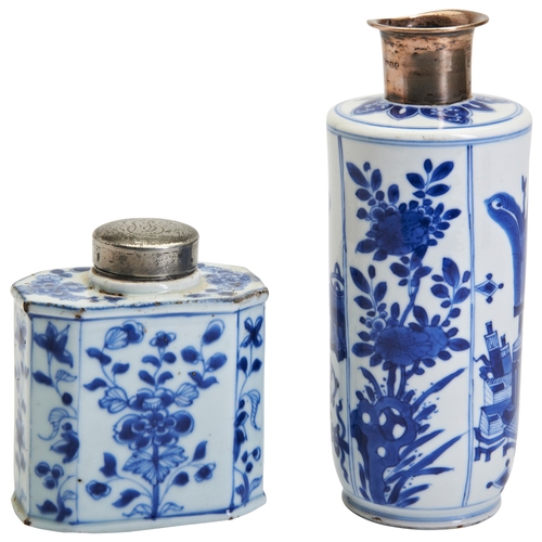 73 - A BLUE AND WHITE SILVER MOUNTED VASEPORCELAIN KANGXI PERIOD (1662-1722)青花花卉纹茶叶罐一组 清 康熙the sides deco... 