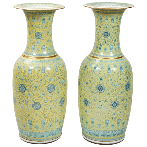 204 - A PAIR OF MASSIVE CHINESE IMPERIAL PORCELAIN YELLOW-GROUND VASES GUANGXU SIX CHARACTER MARK IN IRON ... 