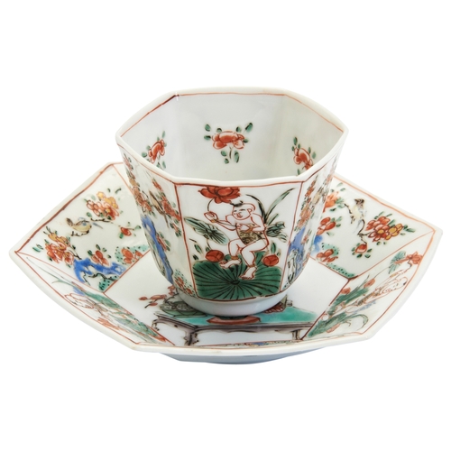 200 - A CHINESE PORCELAIN FAMILLE VERTE HEXAGONAL TEACUP AND SAUCERKANGXI, 1662-1722五彩花卉纹杯碟 清 康熙 the sauce... 