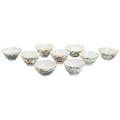 202 - A SET OF NINE CHINESE FAMILLE ROSE WINE CUPS JIAQING/DAOGUANG, 18TH-19TH CENTURY粉彩山水亭台纹酒杯一组 清 嘉庆/道光p... 