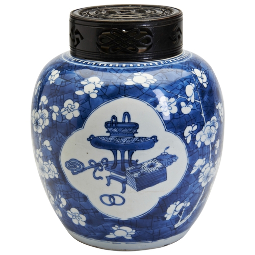 77 - A CHINESE BLUE AND WHITE GINGER JAR KANGXI, 1662-1722青花‘博古纹’盖罐 清 康熙decorated with panels containing ... 