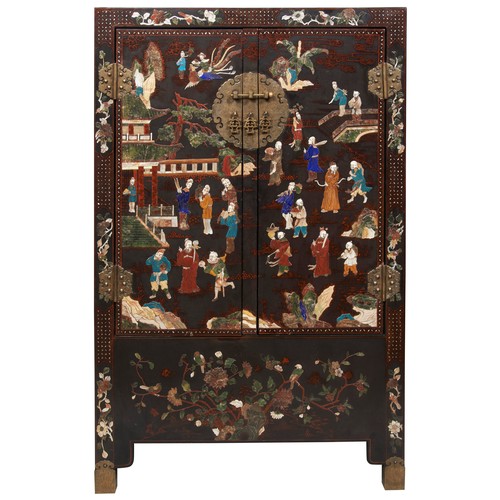 421 - A PAIR OF CHINESE BLACK LACQUER INLAID TWO DOOR CABINETS SECOND HALF OF 19TH CENTURY八仙祝寿漆柜嵌百宝  清 19世... 