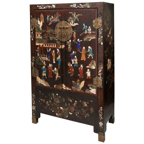 421 - A PAIR OF CHINESE BLACK LACQUER INLAID TWO DOOR CABINETS SECOND HALF OF 19TH CENTURY八仙祝寿漆柜嵌百宝  清 19世... 