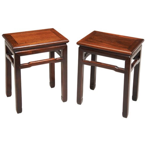 428 - A PAIR OF 'HONGMU' HARDWOOD RECTANGULAR STOOLS 19TH CENTURY红木椅一对 19世纪each with humpback cross stretc... 