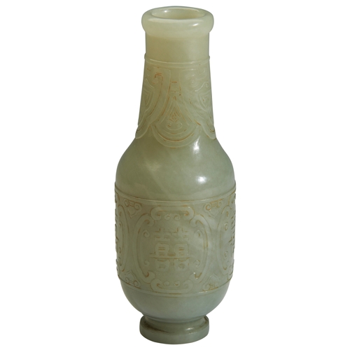 250 - A GREYISH-WHITE CARVED ARCHAISTIC 'DOUBLE-HAPPINESS' VASEQIANLONG PERIOD (1736-1795)青白玉仿古香瓶  清 乾隆the... 