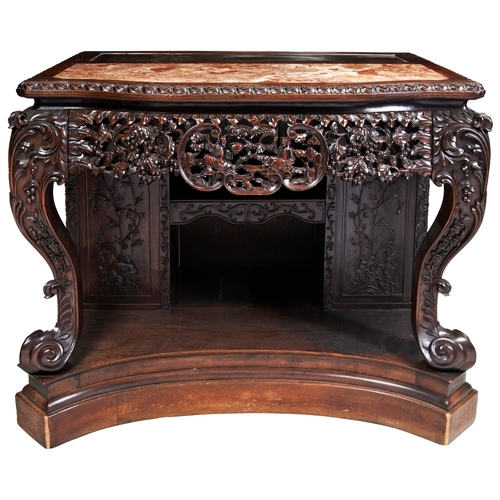 457 - A CARVED HUALI-WOOD SECRETAIRE SIDE CABINETMID-QING PERIOD 清中期 花梨柜the serpentine shaped top inset wi... 