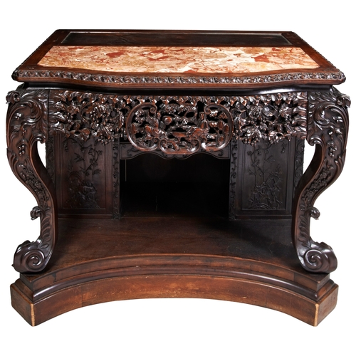 457 - A CARVED HUALI-WOOD SECRETAIRE SIDE CABINETMID-QING PERIOD 清中期 花梨柜the serpentine shaped top inset wi... 