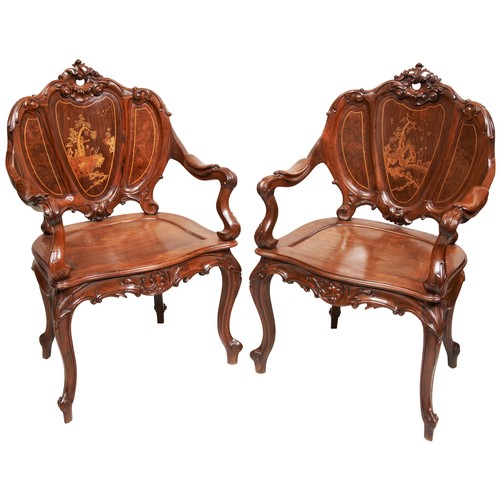 459 - A FINE PAIR OF CHINESE ROCOCO-STYLE INLAID HARDWOOD AND BURRWOOD CHAIRS QING DYNASTY, 19TH CENTYRY洛可... 