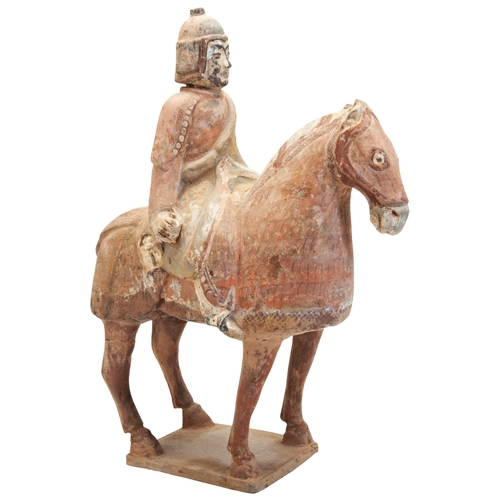 8 - A PAINTED POTTERY FIGURE OF A HORSE AND RIDERNORTHERN WEI DYNASTY (AD 386-535)彩绘骑马俑 北魏(386-535)the m... 