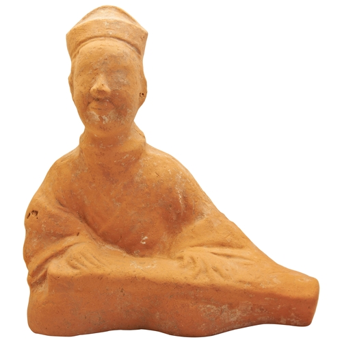 9 - A POTTERY FIGURE OF A MUSICIANHAN DYNASTY OR LATER音乐人陶俑坐像 汉或以后modelled as a seated musician playing ... 