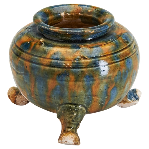 12 - A SMALL SANCAI-GLAZED TRIPOD CENSERTANG DYNASTY (618-906AD)三彩三足炉 唐(618-906公元)of globular form raised... 