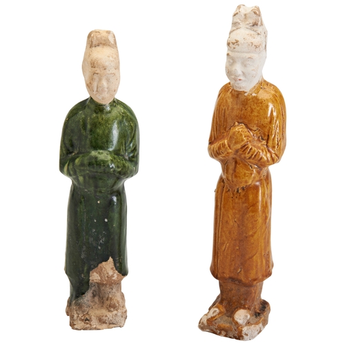 13 - TWO GLAZED POTTERY FIGURESTANG DYNASTY (618-906AD)黄绿彩人俑一对 唐(618-906)modelled as standing officials i... 