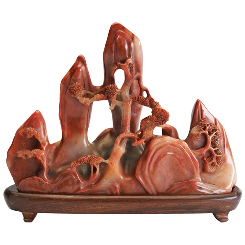 297 - A CARVED SOAPSTONE BRUSH REST LATE QING DYNASTY/REPUBLIC PERIOD寿山石雕笔架山 晚清/民国in the form of a mountai... 