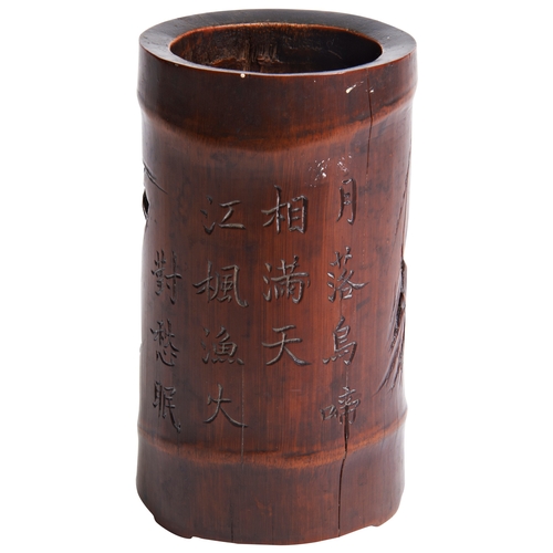 405 - A CARVED BAMBOO 'INSCRIBED' BRUSHPOTQING DYNASTY, 19TH CENTURY 竹刻诗文笔筒 19世纪carved with a mountain lan... 