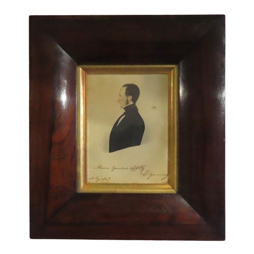 733 - AN EARLY VICTORIAN PORTRAIT WATER COLOUR OF GENTLEMAN, in a cushion rosewood frame, signed E. Young ... 