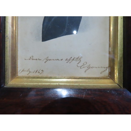 733 - AN EARLY VICTORIAN PORTRAIT WATER COLOUR OF GENTLEMAN, in a cushion rosewood frame, signed E. Young ... 