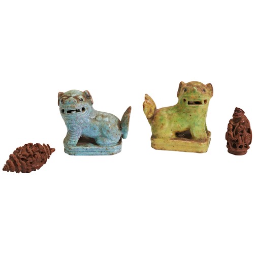 154 - TWO MINIATURE BUDDHIST LION FIGURES QING DYNASTY (1644-1911)迷你佛狮像两只及核雕 清one with a 'robin's-egg' gla... 